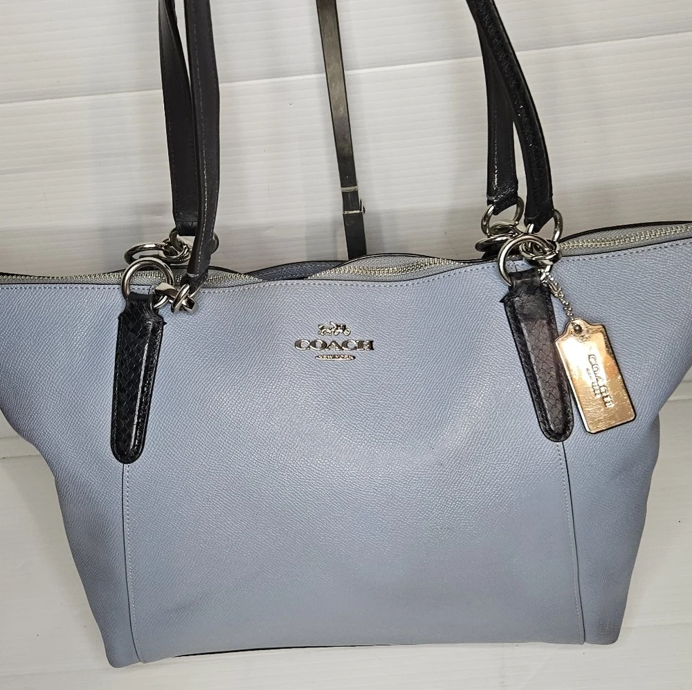 COACH Ava Exotic Trim Tote – Cornflower Snake-Embossed Leather, Zip Closure